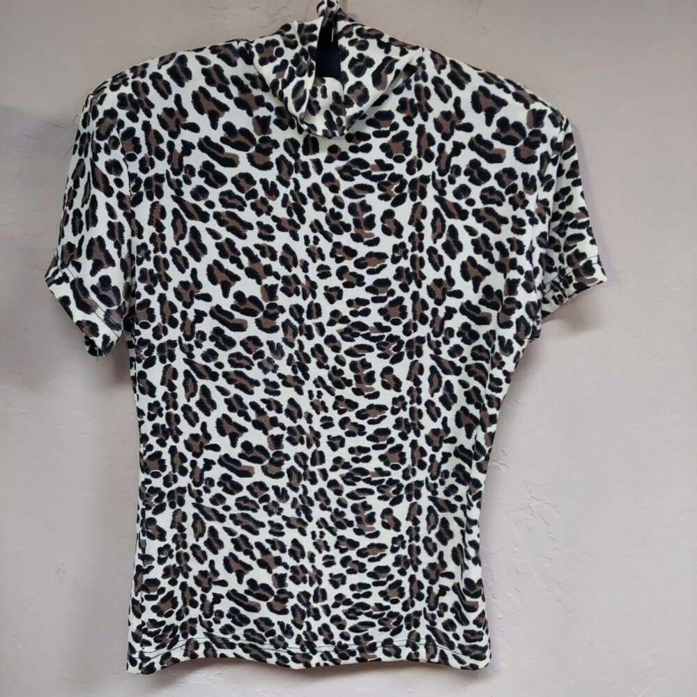 Vintage Frazier Lawrence Women Mock Neck Leopard Short Sleeve Top Brown Pullover